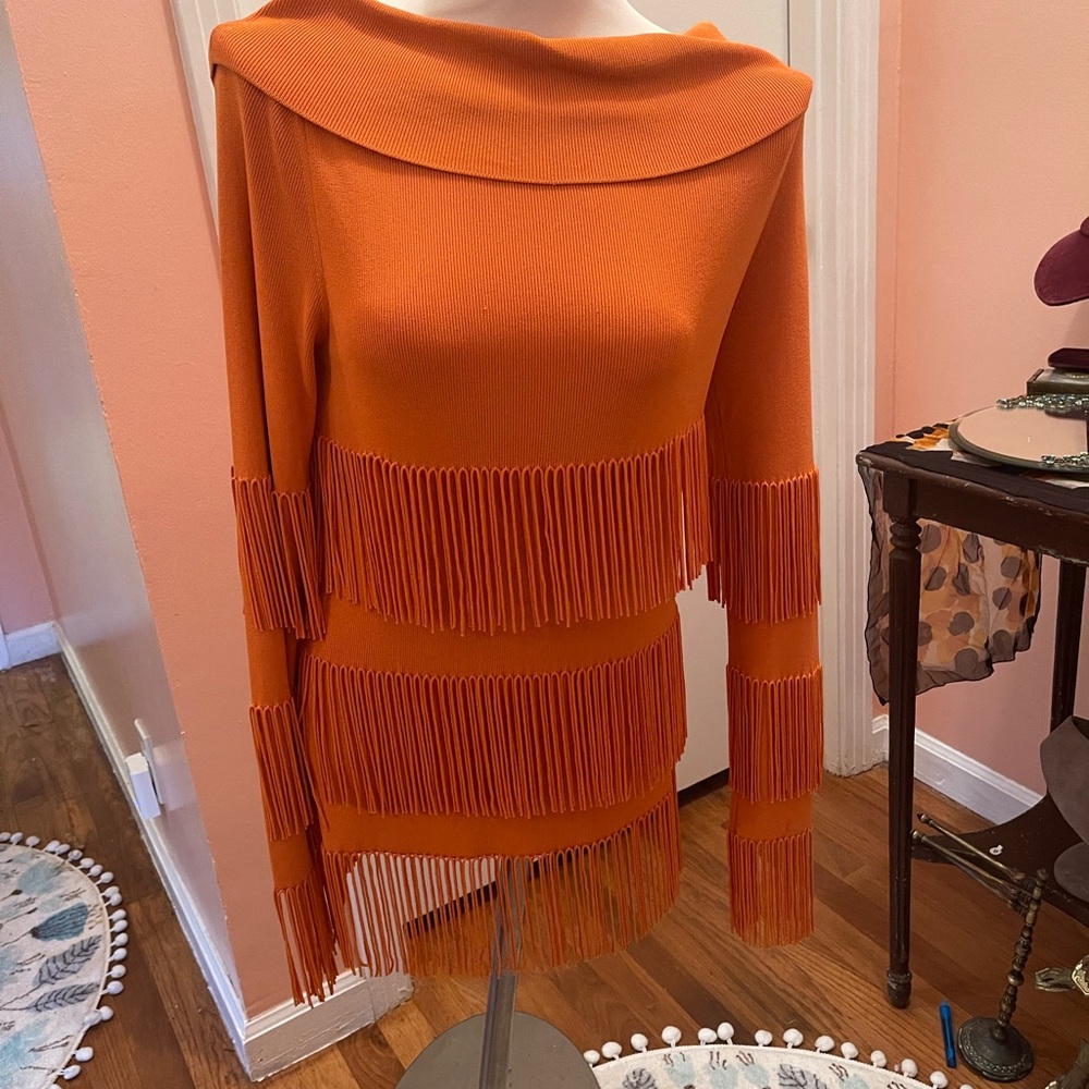 Radzoli long sleeve sweater, fall orange with fringe